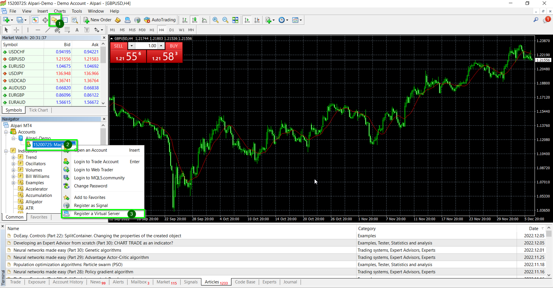 Connect to your trading account in MetaTrader 4 or MetaTrader 5. Then, in the "Navigator" window, right click on your trading account and select "Register a Virtual Server".